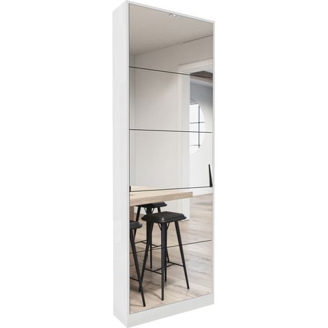 Scarpiera stretta con specchio a figura intera, 5 cassetti a ribalta, MDF, bianco (1/5)