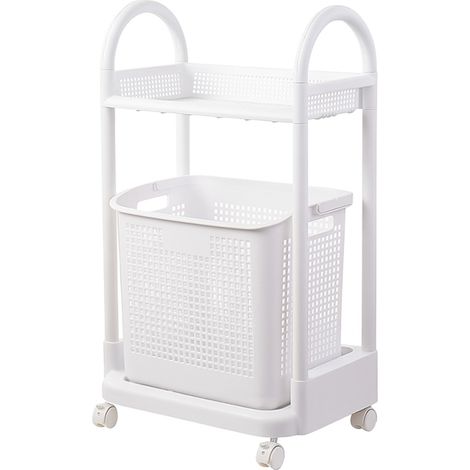 Etagère Roulante 2 niveaux Panier à Linge Intégré Amovible - 4 Roulettes à freins - Plastique Blanc - Compatible toutes pièces - Livraison gratuite