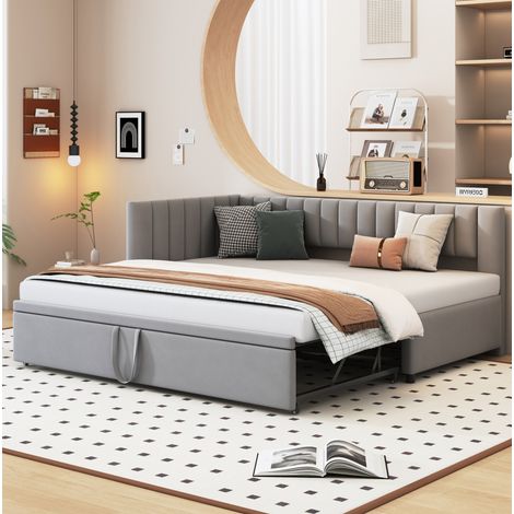 Sofá cama tapizado en terciopelo gris 90x200 cm con cama nido extraíble y somier de láminas (1/5)