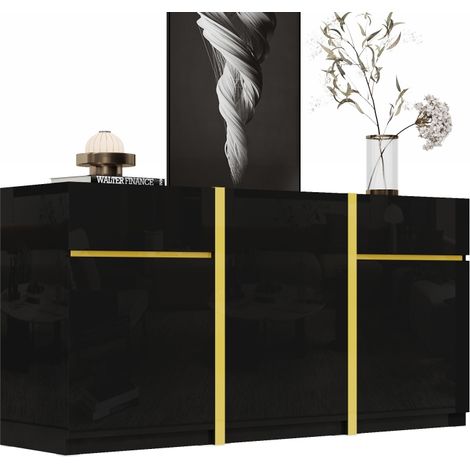 Buffet Haute Brillance Noir 160 cm, Bahut Moderne 3 Portes 2 Tiroirs
