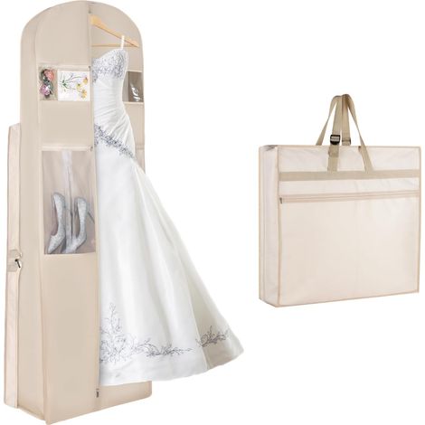Housse pour robe de mariée (beige), 183 cm, pliable en trois parties, avec poches pour accessoires et boucle ajustable Idéale pour les mariages, les bals de fin d'année, les voyages et le rangement (1/4)
