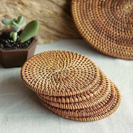 4 pièces - Sous-verres en bambou - Diamètre 10 cm - Dessous de verre durables et écologiques - Protection de table - Marron clair (1/4)