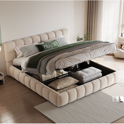 Letto matrimoniale imbottito moderno 140x190 cm, velluto beige, testiera soffice, contenitore idraulico e rete a doghe (1/5)