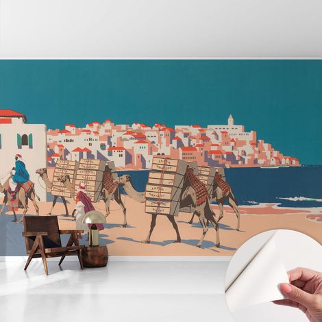 Papier peint autocollant avec imprimé décoratif pour salon et chambre à coucher Installation facile Caravane de chameaux 416x254 cm (1/5)