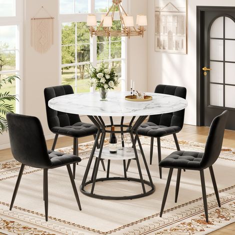 Ensemble Table à Manger 5 Pièces - Table Ronde 100 cm Plateau Marbre et 4 Chaises Velours Noir,Moderne Salon/salle à manger (1/4)