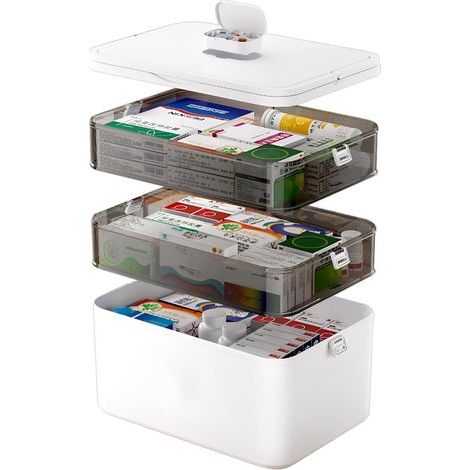 3-stöckige Medikamentenaufbewahrungsbox, Medikamentenkoffer-Organizer, Medikamentenaufbewahrungsbox mit Deckel, Notfalltruhe für die Familie, Medikamentenbox (1/5)