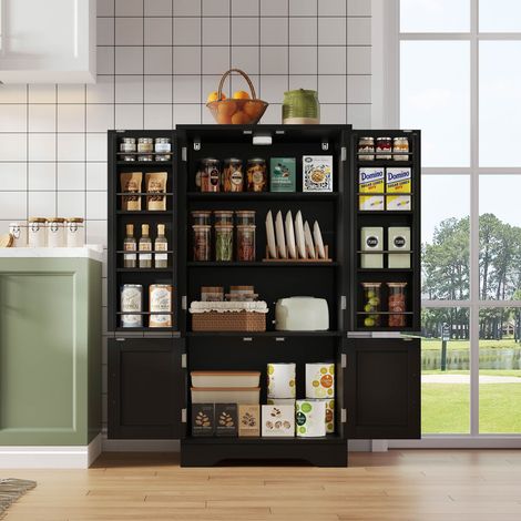 Buffet cuisine 120x60x40cm noir avec LED capteur, 4 portes et étagères réglables pour cuisine ou salon (1/5)