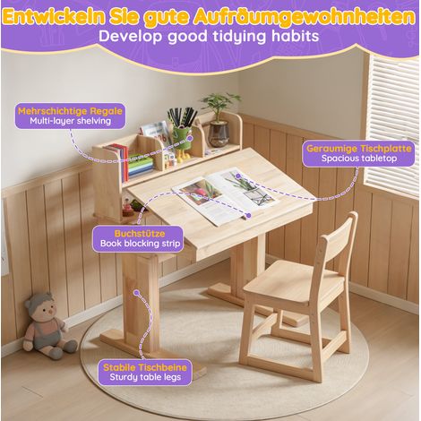 Bureau enfant en bois massif réglable en hauteur avec plateau inclinable et rangement naturel (1/5)
