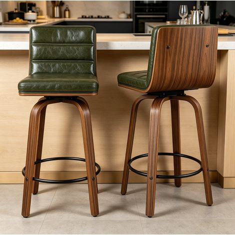 Sgabello da bar girevole a 360°, schienale ergonomico, rivestimento in PU, gambe in legno curve, verde (1/5)