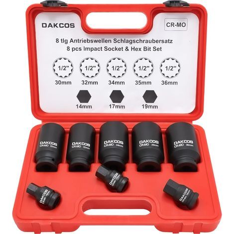 8-Piece 1/2" 12-Point Impact Socket Set, Cr-Mo Steel, 30-36 mm, 14-19 mm Adapters, for Axle Nuts (1/5)