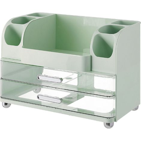 Organisateur de maquillage pour coiffeuse avec 2 tiroirs, présentoir cosmétique avec porte-pinceaux, pour salle de bain, comptoir, bureau, fournitures de bureau, vert (1/5)