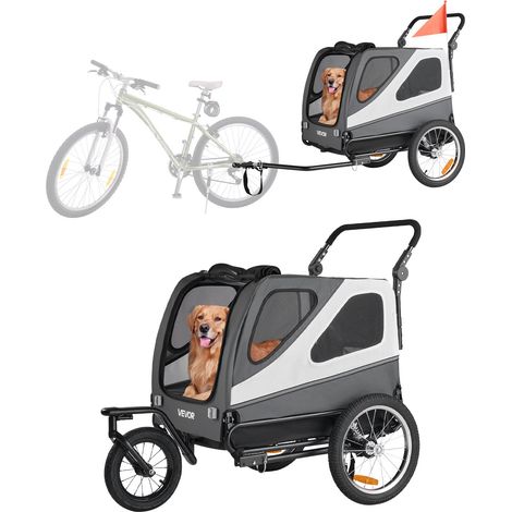 Remorque vélo pour chien, charge 45 kg, poussette d'animaux de compagnie 2 en 1, cadre pliable facile avec roue à dégagement rapide, coupleur de vélo universel, laisse interne, gris et blanc (1/5)