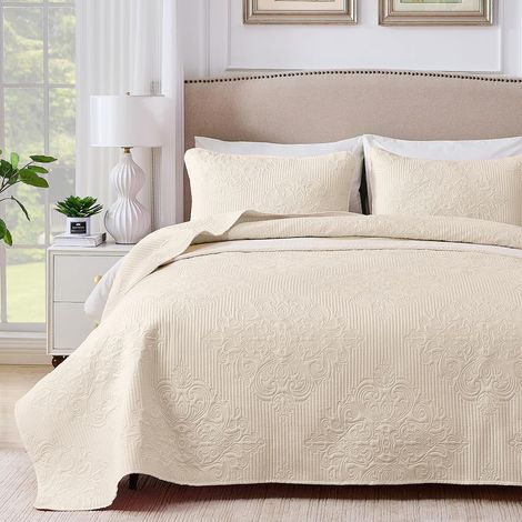 Couvre Lit Dessus de Lit et Boutis matelassé Ultrasonique en Microfibre Brossée Douce et Légère (240x260cm-Beige) (1/5)