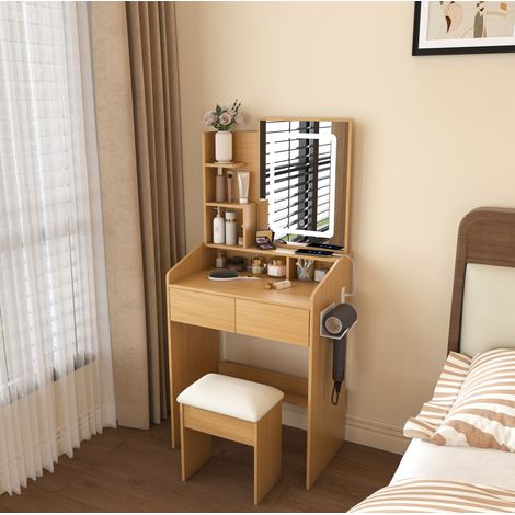 Coiffeuse 60x36x130 cm décor bois naturel en MDF avec miroir LED, prises intégrées, 2 tiroirs et tabouret rembourré (1/5)