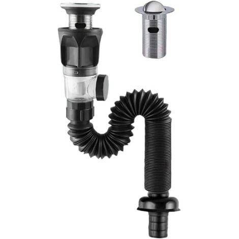 Bonde d'évier flexible anti-odeurs, raccords de vidange télescopiques, raccords de vidange droits muraux (noir) (1/5)