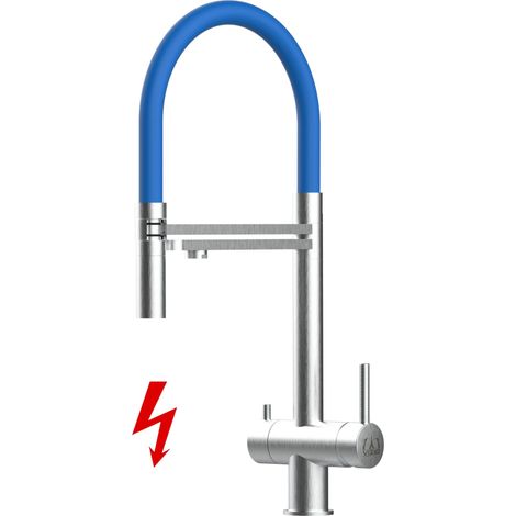 NIEDERDRUCK 3 Wege Edelstahl Massiv Küchenarmatur Spültischmischer, mit 360° schwenkbarem Blau Auslauf und 2 strahl Handbrause - Gebürstet (1/5)