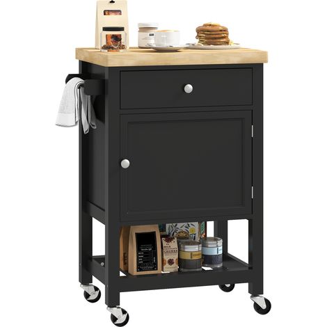 Küchenwagen mit Rollen, Servierwagen, Arbeitsplatte aus Gummibaumholz, Schublade, 63,5 x 40 x 90 cm, schwarz