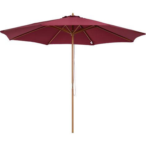 Outsunny – Parasol droit octogonal 3m – Toile polyester 180g/m² – Mât en bois massif – Hauteur 2,5m – Couleur rouge – Système d'ouverture à corde