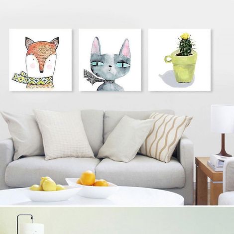 Tableau sur toile Shxx Renard et Chat, aquarelle simple et mignonne pour le salon, la chambre, le bureau et la chambre d'enfant. Yst-a1 (1/5)