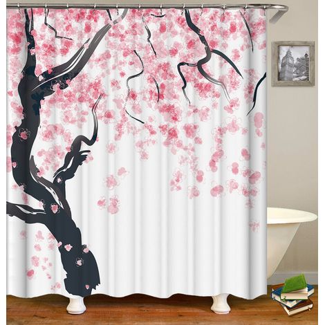 Rideau de douche fleuri 180x200 cm, rose et noir, motif fleurs (1/4)