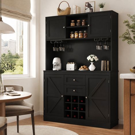 Credenza da cucina nera a 4 ante, 2 cassetti, ripiani regolabili e portabottiglie DESVIAE (1/5)