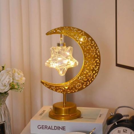 Lampe De Bureau - Lune Etoile - Jaune - Avec Support Pour Ampoule Standard - Idéale Pour Décoration Ramadan Et Ambiance Douce - 1 Pièce