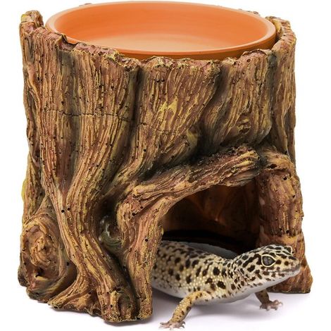 Refugio de resina para reptiles, refugio y comedero 2 en 1 para reptiles, cuidador de geckos leopardo, ayuda para la muda de piel de anfibios (1/4)