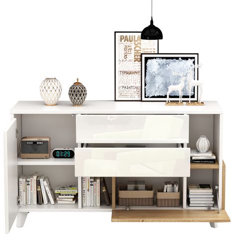 Buffet Meuble de salon moderne 130x40x70cm, avec espace de rangement, couleur bois blanc (1/5)