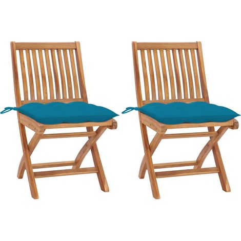 Chaises de jardin lot de 2 avec coussins bleu clair Teck massif (1/5)