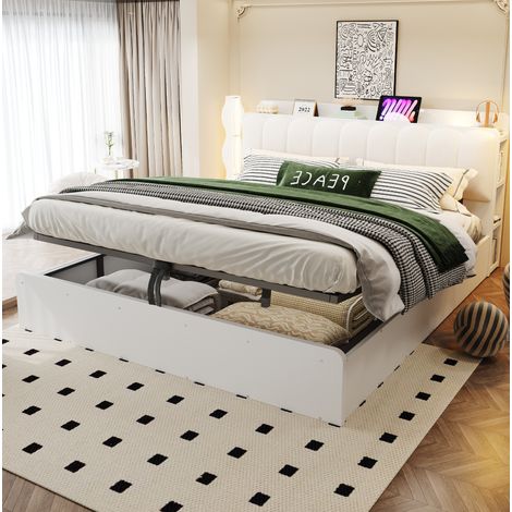 Letto contenitore 180x200 cm bianco in legno con testiera imbottita e USB (1/5)