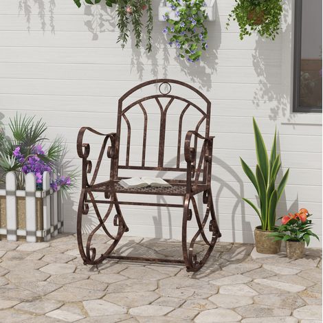 Sedia a dondolo da giardino in metallo bronzo, 61x79x90 cm, struttura in ferro, portata 150 kg (1/5)