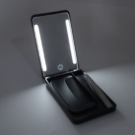 Pocket Mirror Rechargeable Travel Makeup Mirror LED Lighted Makeup Mirror with Fill Light Travel Comb Metal Eyebrow Tweezer for Travel Black (1/5)