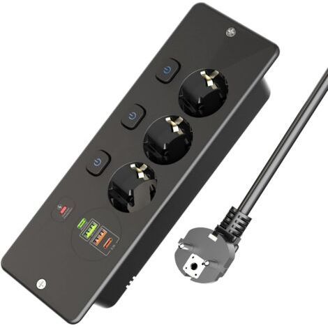 3-Socket Recessed Power Strip with 2 USB A and 2 USB C Ports, Recessed Table Socket with Individual Switch for Furniture or Worktop, Black (1/4)