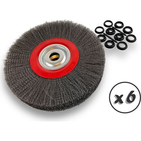 Lot de 6 brosses circulaires ACIER Ø 300 mm Epaisseur 3 rangs Fil dur 0.30 mm ondulé Alésage 32 mm + réducteur bague 25/22/20/16/12 mm Touret affûteuse ponceuse Kibros 231303ATx6 (1/5)