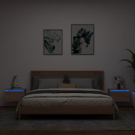 Mesitas de noche de pared con luces LED 2 unidades roble Sonoma vidaXL