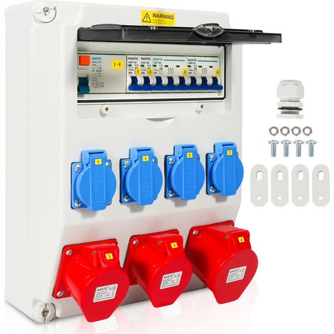 Einfeben – Coffret de chantier avec disjoncteur FI 40A – Répartiteur électrique 5 pôles – 4 prises Schuko 230V et 2 prises CEE 400V 16A/32A – IP44