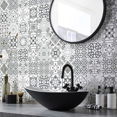 Sticker Mural Carrelage adhésif Cuisine Salle de Bain - 30 STICKERS CARREAUX DE CIMENT NUANCES DE GRIS BARI - 30stickers10x10cm (1/5)