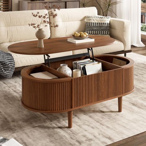 Table basse relevable avec rangement, table de salon ovale design ondulé, style scandinave pour salon et bureau, pieds en bois massif, couleur noyer (1/5)