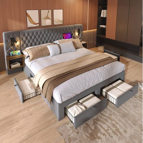 CHICFURN Letto matrimoniale 180x200 cm in velluto grigio con 2 comodini, 4 cassetti, senza materasso (1/5)