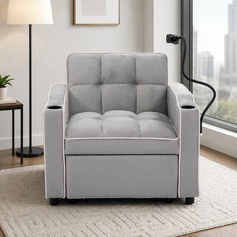 Divano letto 1 posto 3 in 1 convertibile con portabicchieri e supporto telefono, grigio HAVRYA (1/5)