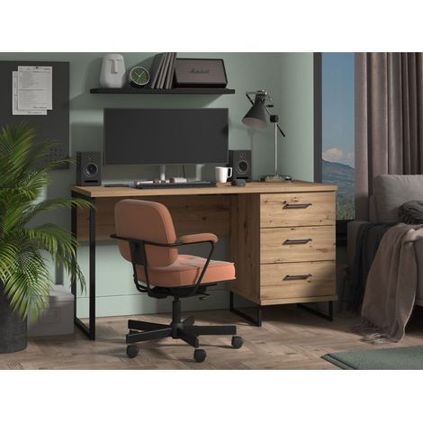 Escritorio Ponza, un Estante, 3 Cajones, Manijas Incluidas, 137.5x56x75h cm Roble Marrón Nudos (1/5)