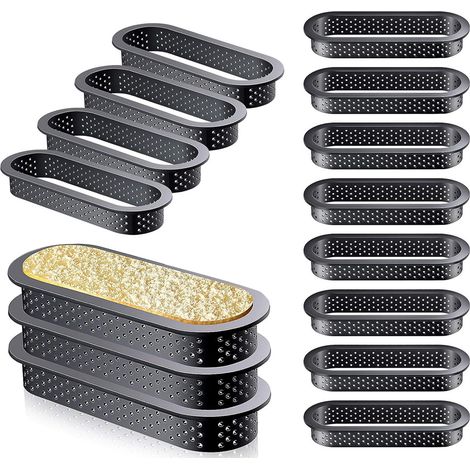 Lot de 12 cercles à tarte ovales de 12,5 cm, résistants à la chaleur et perforés, pour mousse et pâtisserie. (1/4)