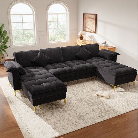 Canapé d’angle U modulable 4 places, 2 chaises longues, chenille noir, pieds métal dorés (1/5)