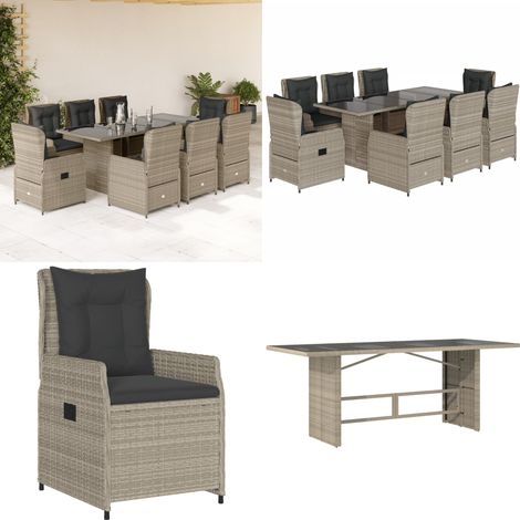 9-tlg. Garten-Essgruppe mit Kissen Hellgrau Poly Rattan - Gartengruppe - Gartenmöbel - Esstisch - Gartenset - Lounge Set - Home & Living