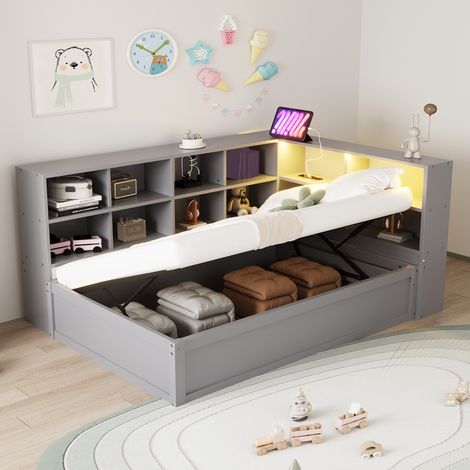 lit adulte rangement gain place 90x200 bois gris LED OKMYHOME (1/5)