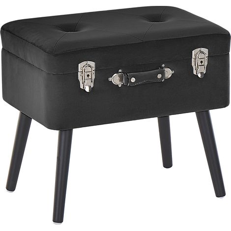 Comodino Sgabello Contenitore Velluto Nero Imbottito Gambe Nere Tipo Valigia Mallard