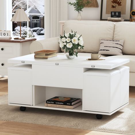 Table basse rectangle relevable 3 en 1 avec 4 tabourets 100x50 à 100x100cm,rangements,table de salon sur roulettes,aggloméré,blanc (1/5)