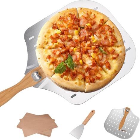 Sollbry Pelle à pizza, plaque à pizza perforée, 35,5 x 30,5 cm, avec poignée pliante, 20 papiers sulfurisés, accessoires indispensables pour boulangers à pizza (1/5)