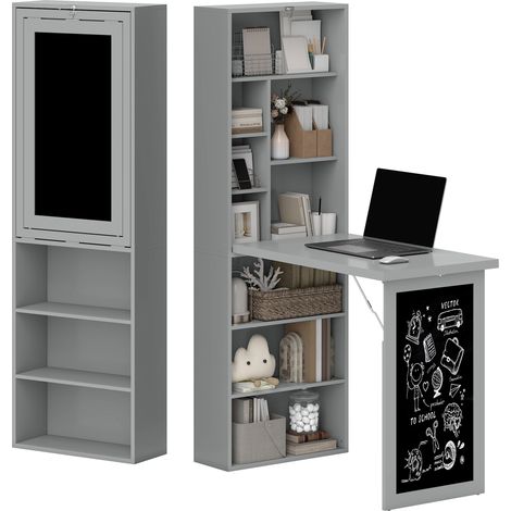 Bureau PC pliable avec bibliothèque à 9 étagères en bois et métal, 98x51x153 cm, gris (1/5)