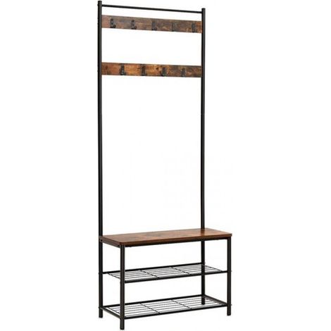 Porte-manteau industriel avec étagère à chaussures - Meuble d'entrée avec banc - 70 x 32 x 175 cm - Marron et noir vintage (1/5)